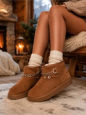 Yoki Owen-26 Faux Suede Faux Fur Chain Charm Ankle Booties Size 9 or 11 NIB
